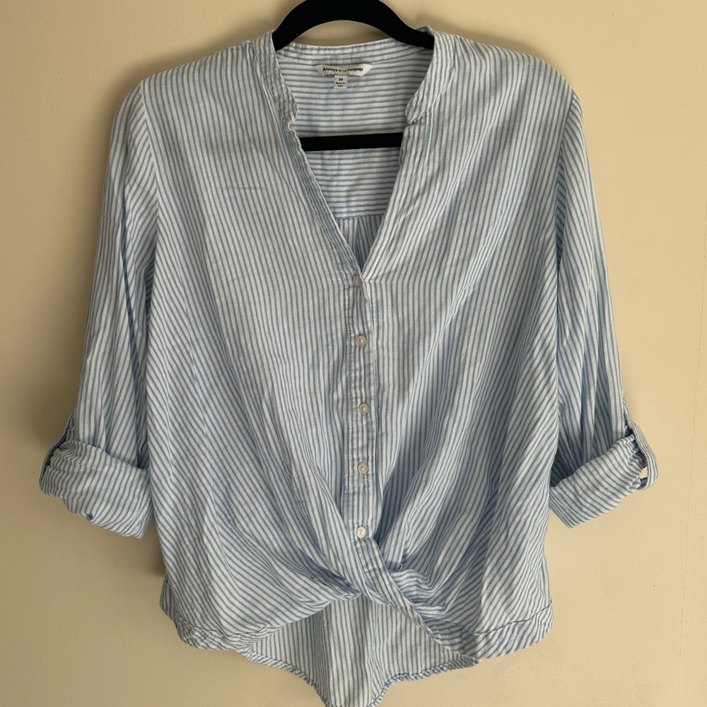 Always & Forever Blue and White Striped Shirt, Size Medium